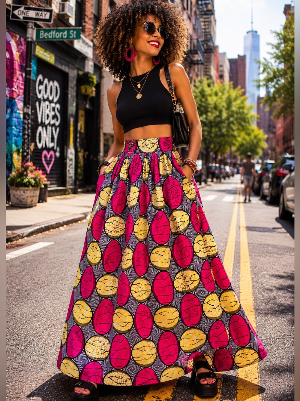 African Wax Print Maxi Skirt Pink Yellow Geometric Pockets 26” Waist XS